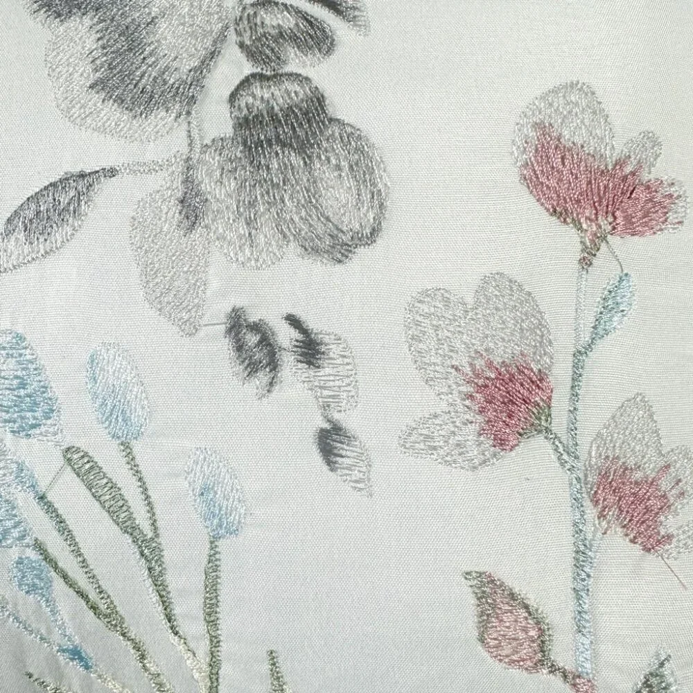Floral Embroidered Lumbar Pillow Cream Blue Piped Boutique Decor Country Coastal